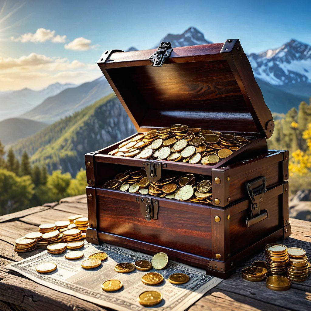 A vibrant and inspiring scene depicting an open treasure chest overflowing with gold coins symbolizing financial freedom. Surrounding the chest, a roadmap marked with strategies for debt relief and budgeting success is laid out on a wooden table. In the background, a serene landscape of mountains and clear skies symbolizes limitless potential. The warm sunlight bathes the scene, creating an inviting atmosphere. super-realistic. vibrant colors. soft focus.