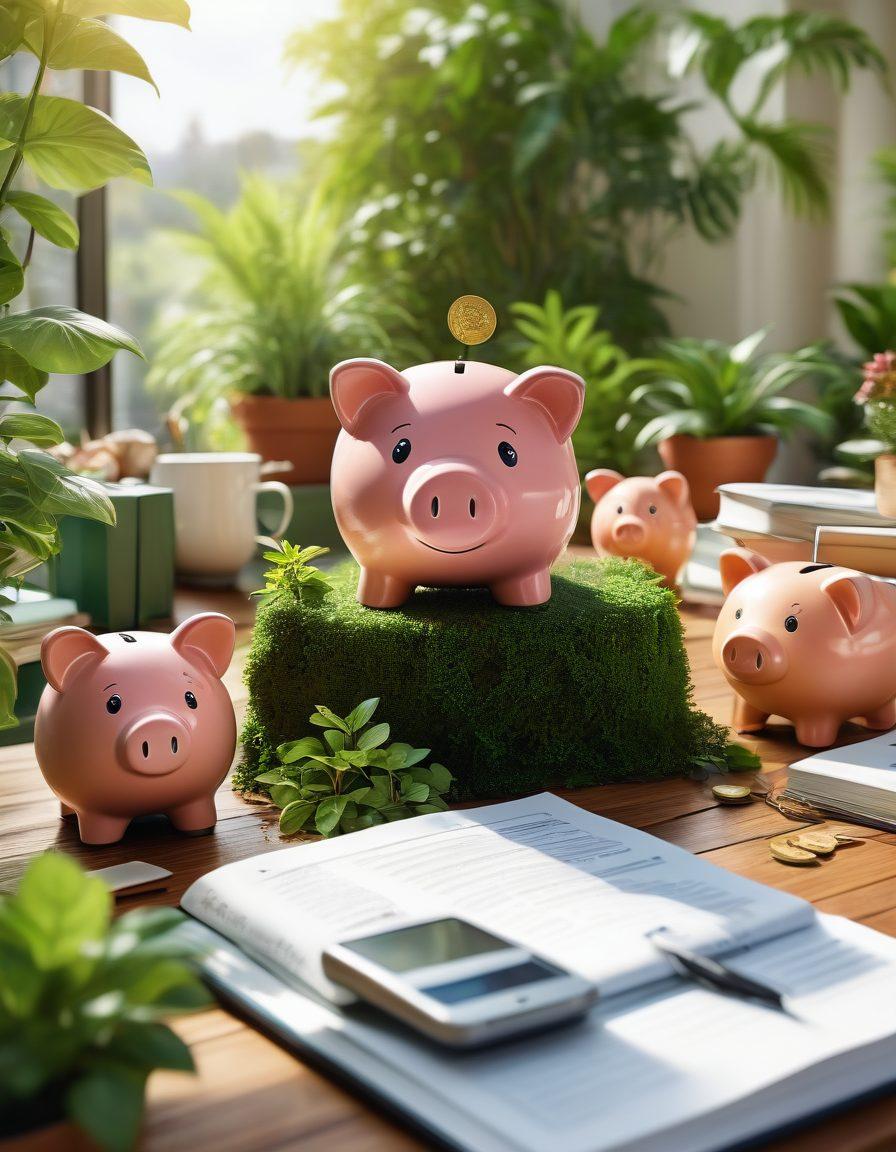 An inspiring scene of a diverse group of individuals celebrating financial success on a sunny terrace, surrounded by lush greenery and stacks of books about finance. They are analyzing charts and brainstorming with laptops open, radiating positive energy and collaboration. Include elements like a piggy bank, a growing plant symbolizing wealth, and golden coins scattered around. super-realistic. vibrant colors. bright background.
