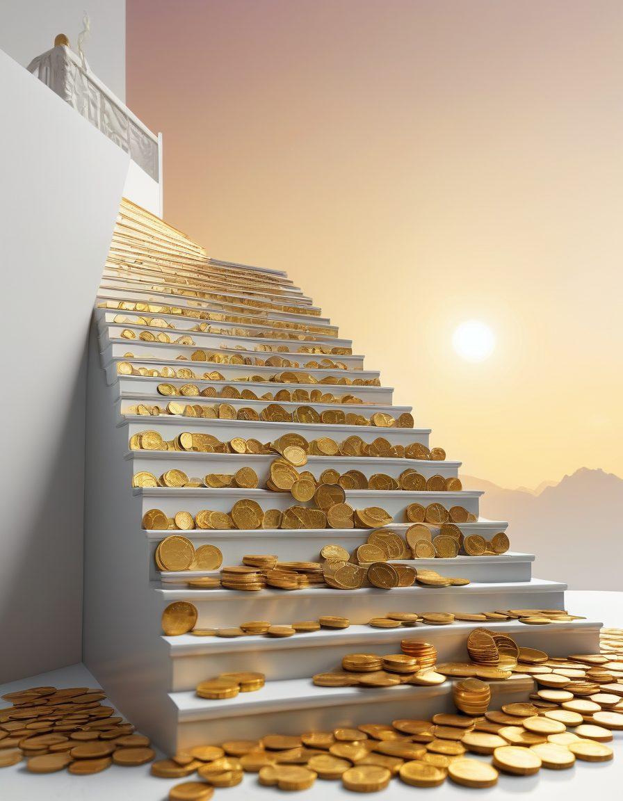 A visually engaging illustration of a staircase made of gold coins ascending towards a bright sunrise, symbolizing the journey from debt to wealth. Incorporate strategic elements like a compass and a financial chart subtly integrated into the background. Show contrasting colors to represent the tension between debt and freedom, with vibrant greens and golds. super-realistic. vibrant colors. white background.
